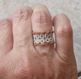 Challenge Accepted - Reader Submission for Weekly Challenge #6 - Yarnplayer's Remembrance Ring tatted by Marie McCurry. This one was done with two strands of metallic, sewing thread. The ring is a size 5.