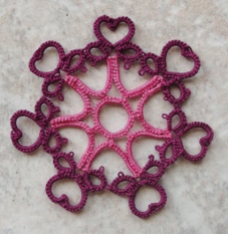 Challenge Accepted - Reader Submission for Weekly Challenge 14 - Snowflake Heart tatted by Marie McCurry in done in Lizbeth, size 20, boysenberry dk and azelea med.