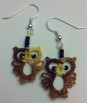 Little Owl Earrings designed by Barbara and tatted by Natalie Rogers in Finca Perle Cotton 9910 - dk brown/dk yellow size 8.